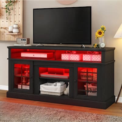 Moasis LED Farmhouse TV Stand Highboy Entertainment Center Media Console with Adjustable Shelves & Glass Doors