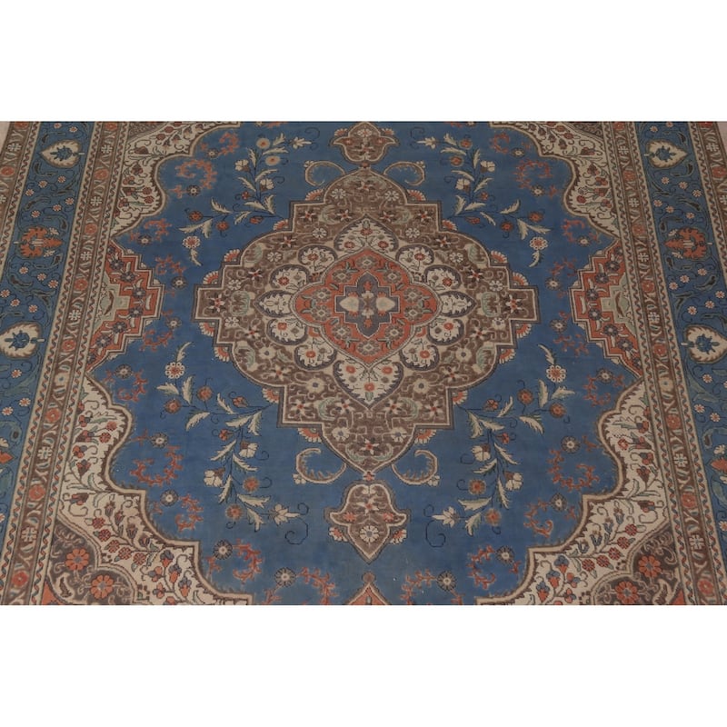 Blue Tabriz Persian Vintage Area Rug Handmade Wool Carpet - 9'10"x 13'0"