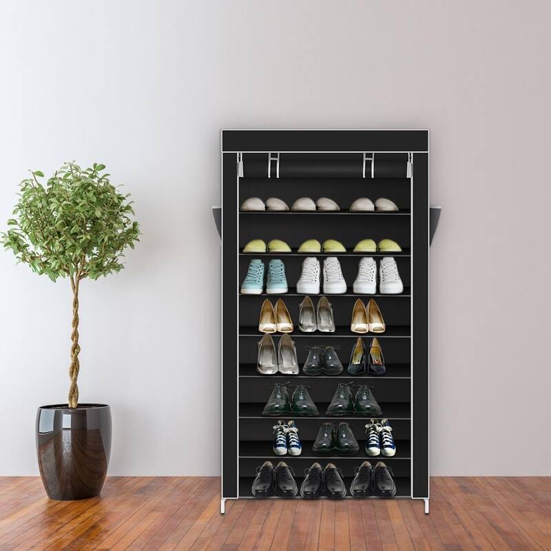 10 Tiers Shoe Rack with Dustproof Cover Closet Shoe Storage Cabinet Organizer,Black