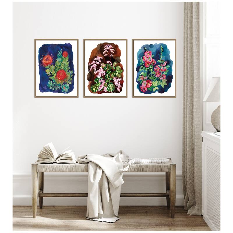 Kate and Laurel Proteas in Blue & Hollyhock 3 Piece Framed Canvas Wall Art Set by Lucia Gianello