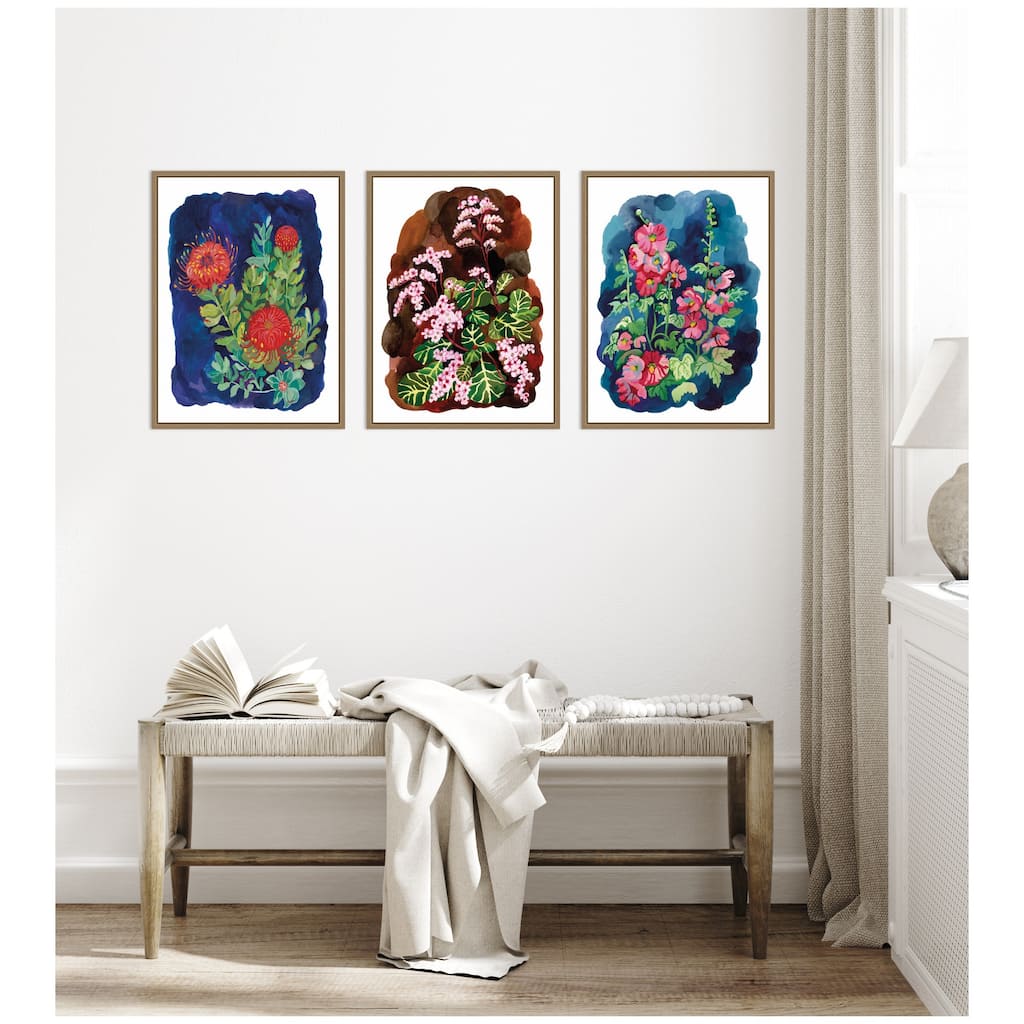 Kate and Laurel Proteas in Blue & Hollyhock 3 Piece Framed Canvas Wall Art Set by Lucia Gianello