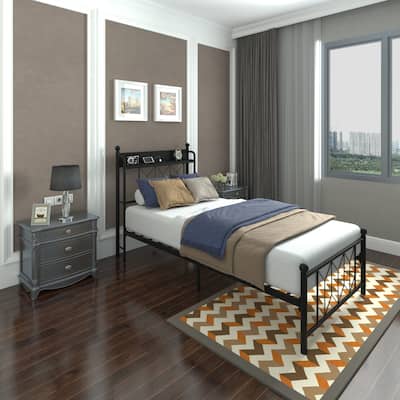 Twin Platform Bed with Storage Headboard & Lighting