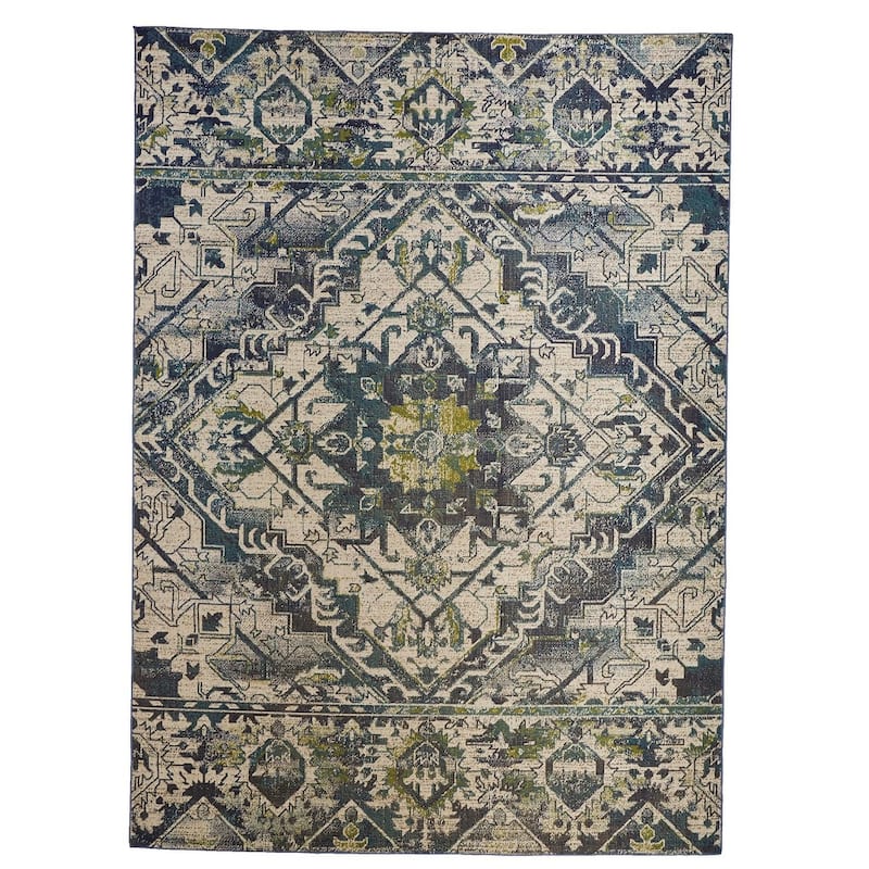 Hurst Vintage Medallion Oriental Transitional Area Rug - 7'-10" x 11' - Natural Tan/Crystal Teal/Dark Citron Green