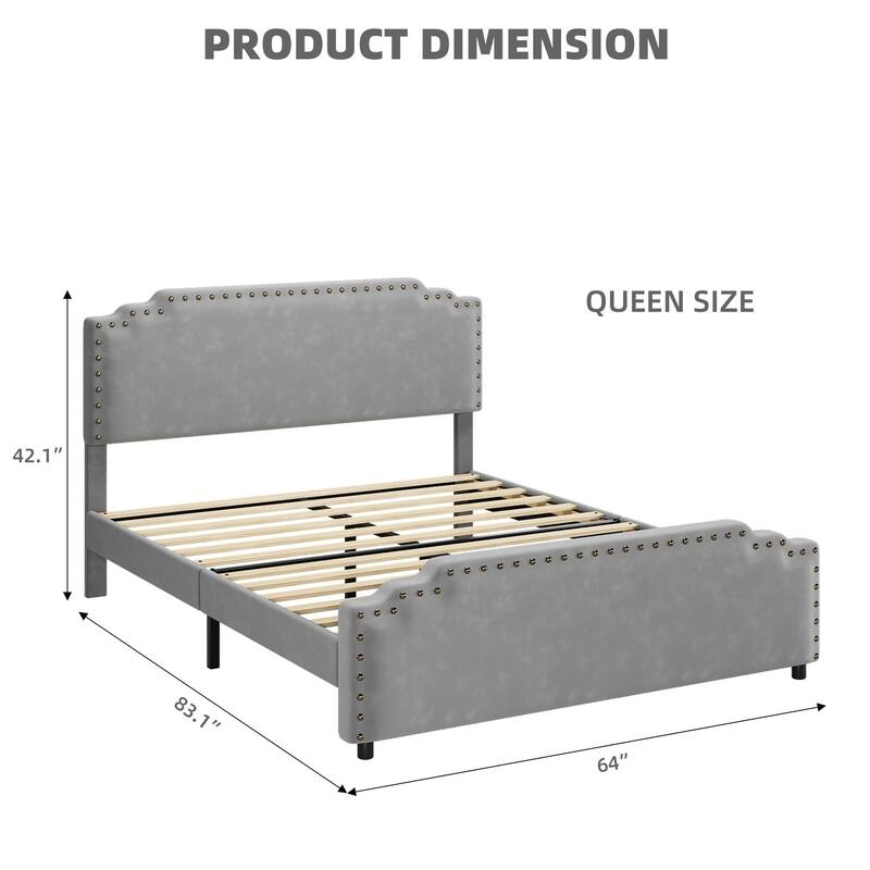 Velvet Upholstered Platform Bed Frame, No Box Spring Needed