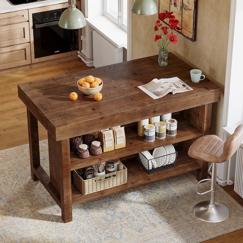 Solid Wood Kitchen Island, Open Storage Counter Height Table, Kitchen Dining/Living Room Coffee Bar Accent Island