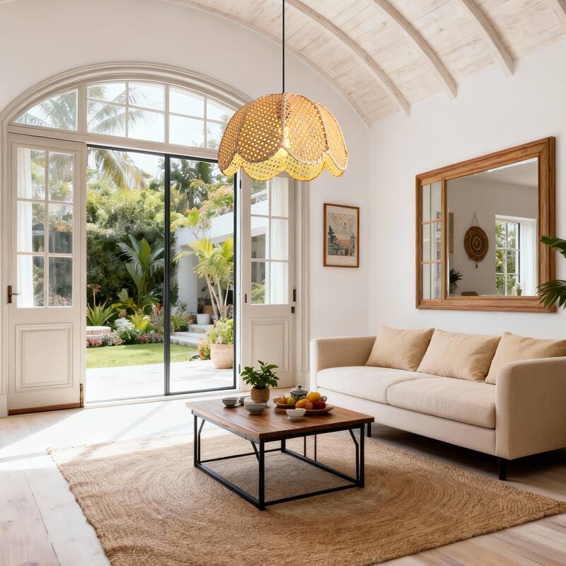 1-Light Farmhouse Flower Shaped Brown Hand-Woven Natural Rattan Hanging Pendant Light - 15.7" W x 55" H