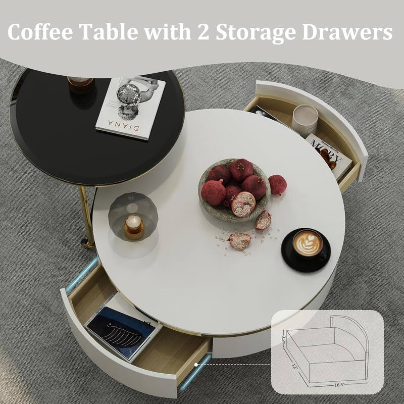 Nesting Coffee Table Set with End Table Round Coffee Table with 2 Storage Drawers
