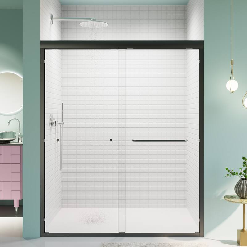 56-60" W x 72" H Semi-Frameless Double Sliding Shower Door, 6mm Tempered Glass Bypass Enclosure - 60x72" - Matte Black