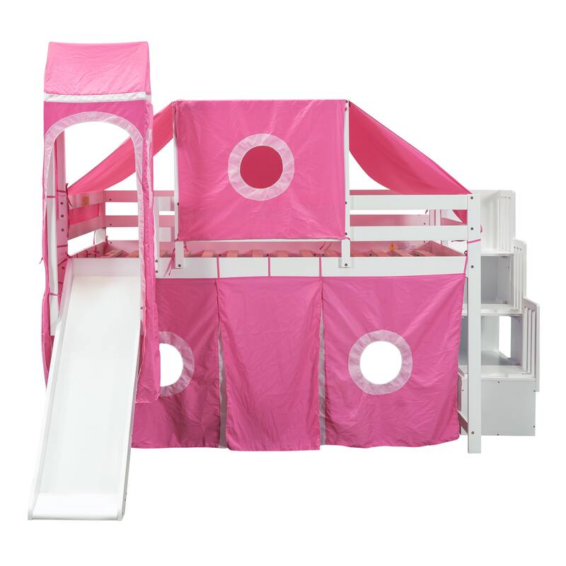 House Loft Bed with Slide & Curtains and Tent, Solid Wood Stairway Loft Bed Frame with Tower