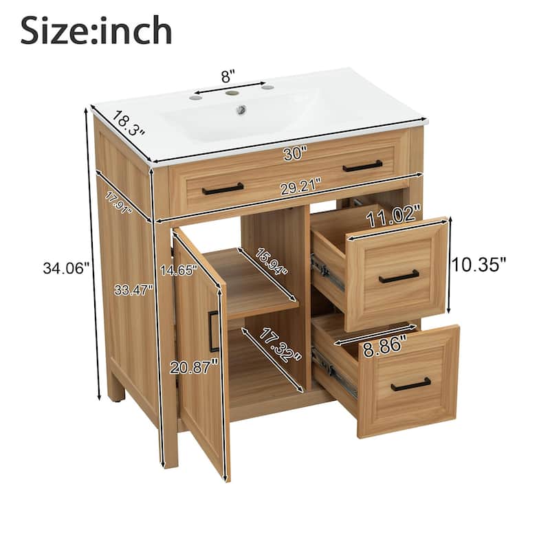 30" Wood Bathroom Vanity with Solid Wood Frame - 1 Soft-Close Door, 2 Soft-Close Drawers, Adjustable Shelf(Sink Not Included)