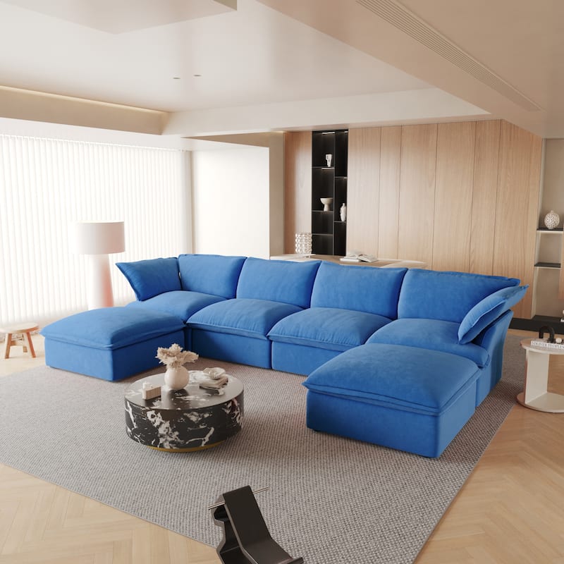 162.98'' U-shaped Large Velvet Fabric Sectional Sofa 6 piece Couch with Ottoman - Blue
