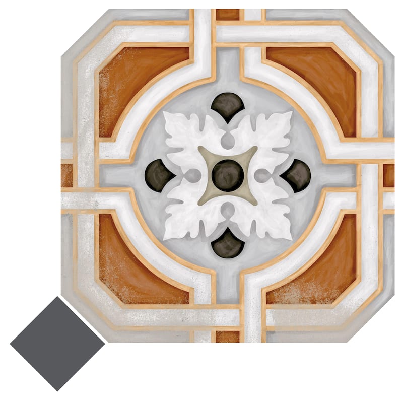 Merola Tile Vaudeville Octagon Deco Zimer with Taco Antracita 7-7/8" x 7-7/8" Porcelain Floor and Wall Tile