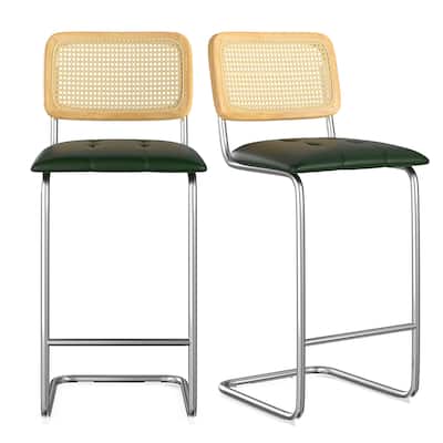 Counter Height Bar Stools Set of 2, Upholstered PU Leather Barstools with Rattan Back, 30 inch Stools Armless Bar Chairs
