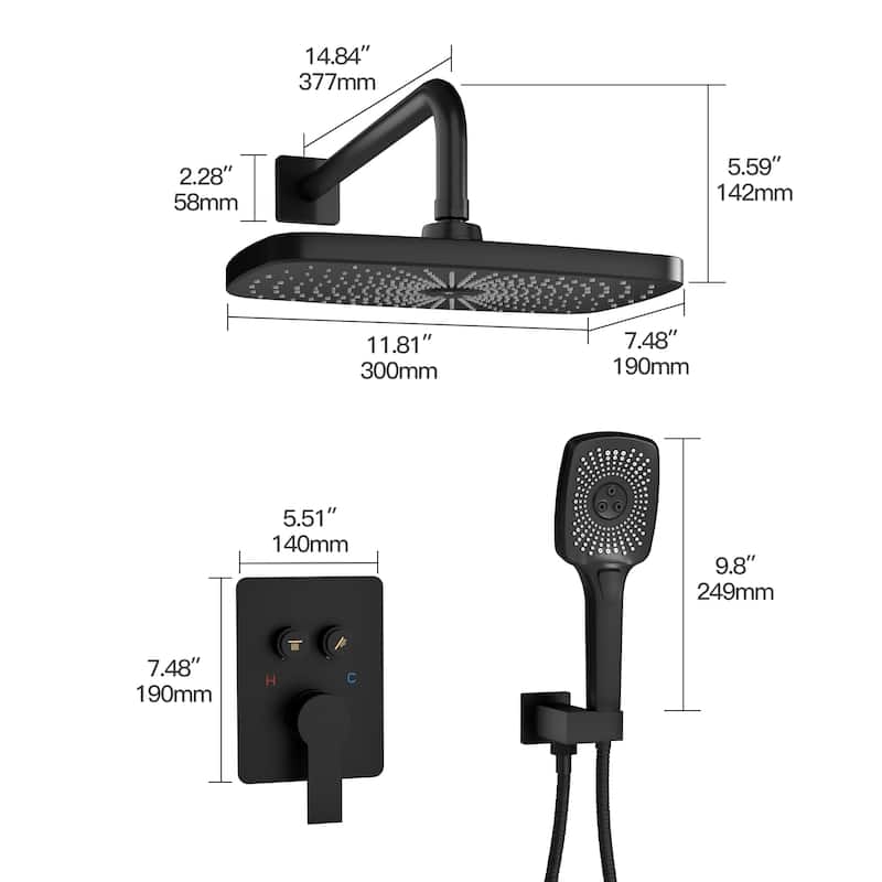 Pressure Balanced 4-Spray 12 in. x 8 in. Dual Shower Head Wall Mount Fixed and Handheld Shower Head 2.5 GPM