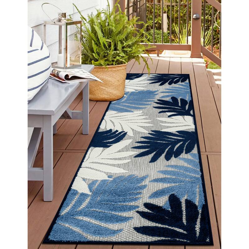 World Rug Gallery Indoor/Outdoor High-Low Textured Area Rug, Palm Easy-Clean Patio Rug - 2' x 7' - Navy