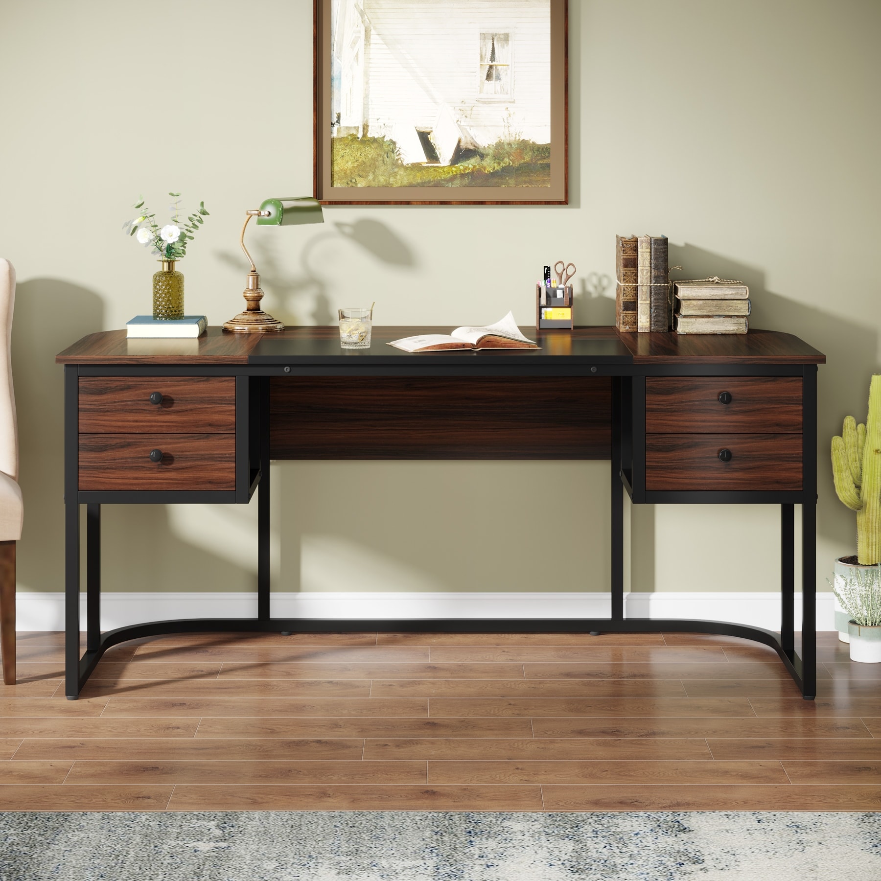 素晴らしい価格 Drawers, 4 with Desk Executive 63-Inch Large Desk Office タンス、衣類収納