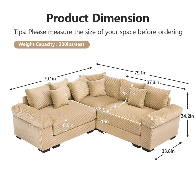 GDFStudio - Corduroy L-Shaped 3-Seater 79.1" Cloud Modular Sectional Couch
