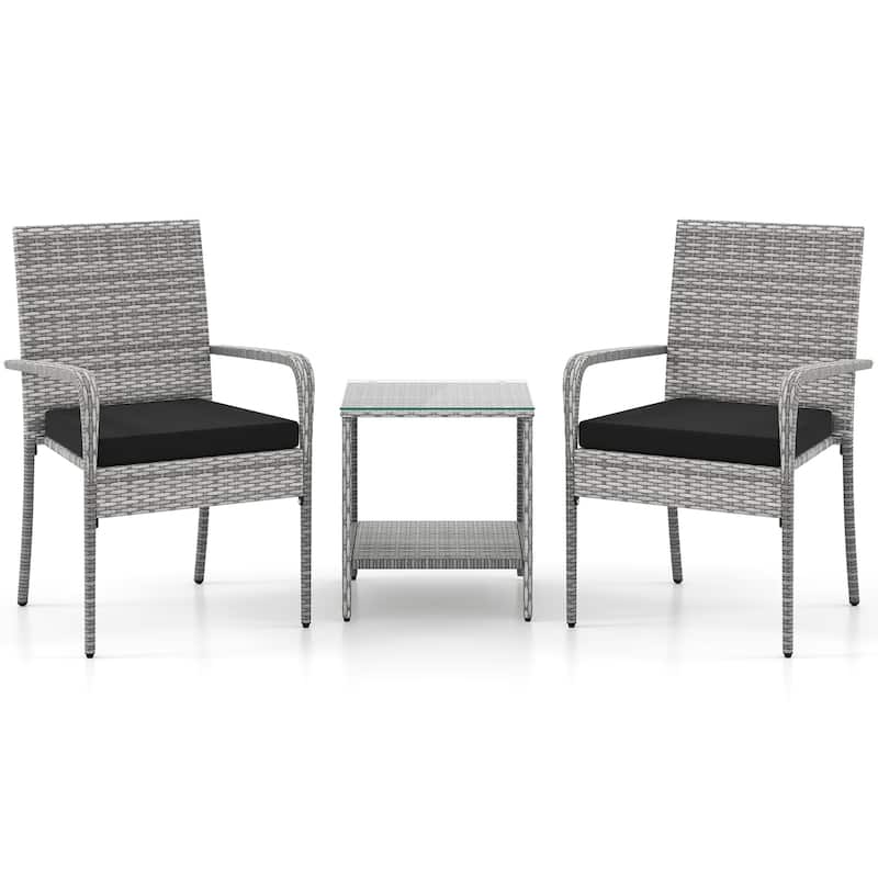 3-Piece Mix Grey Rattan Patio Furniture Set with Cushioned Chairs and Tempered Glass Table for Backyard or Balcony - Black