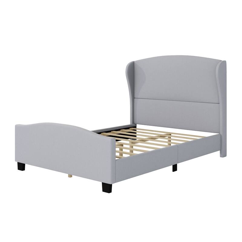 Full Size Linen Upholstered Platform Bed w/ Headboard Wingback, Gray