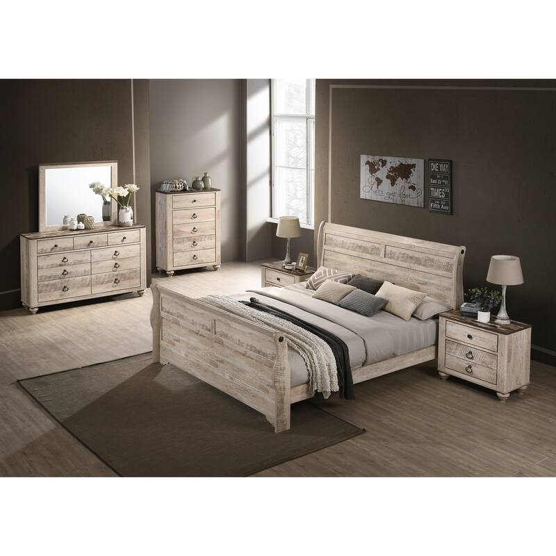 Imerland Contemporary White Wash Finish Bedroom Set with King Sleigh Bed, Dresser, Mirror, Two Nightstands, Chest