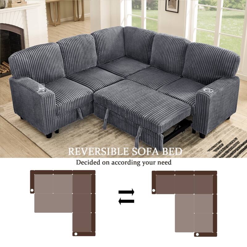 81x81 Inch Convertible Sectional Sofa with Pull-Out Bed & USB Charging（ Corduroy）