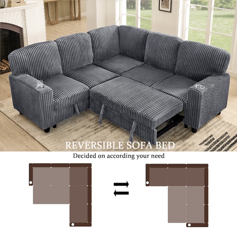 Corduroy Modular Sectional Sleeper Sofa with Pull-Out Bed & Storage, 2-in-1 Convertible Upholstered Sofa Bed with USB Port
