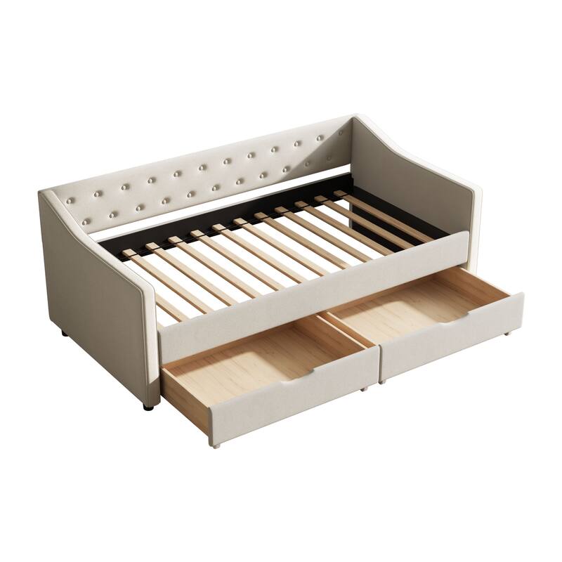 Twin Size Daybed with Drawers Upholstered Tufted Sofa Bed, with Button on Back and Piping on Waved Shape Arms