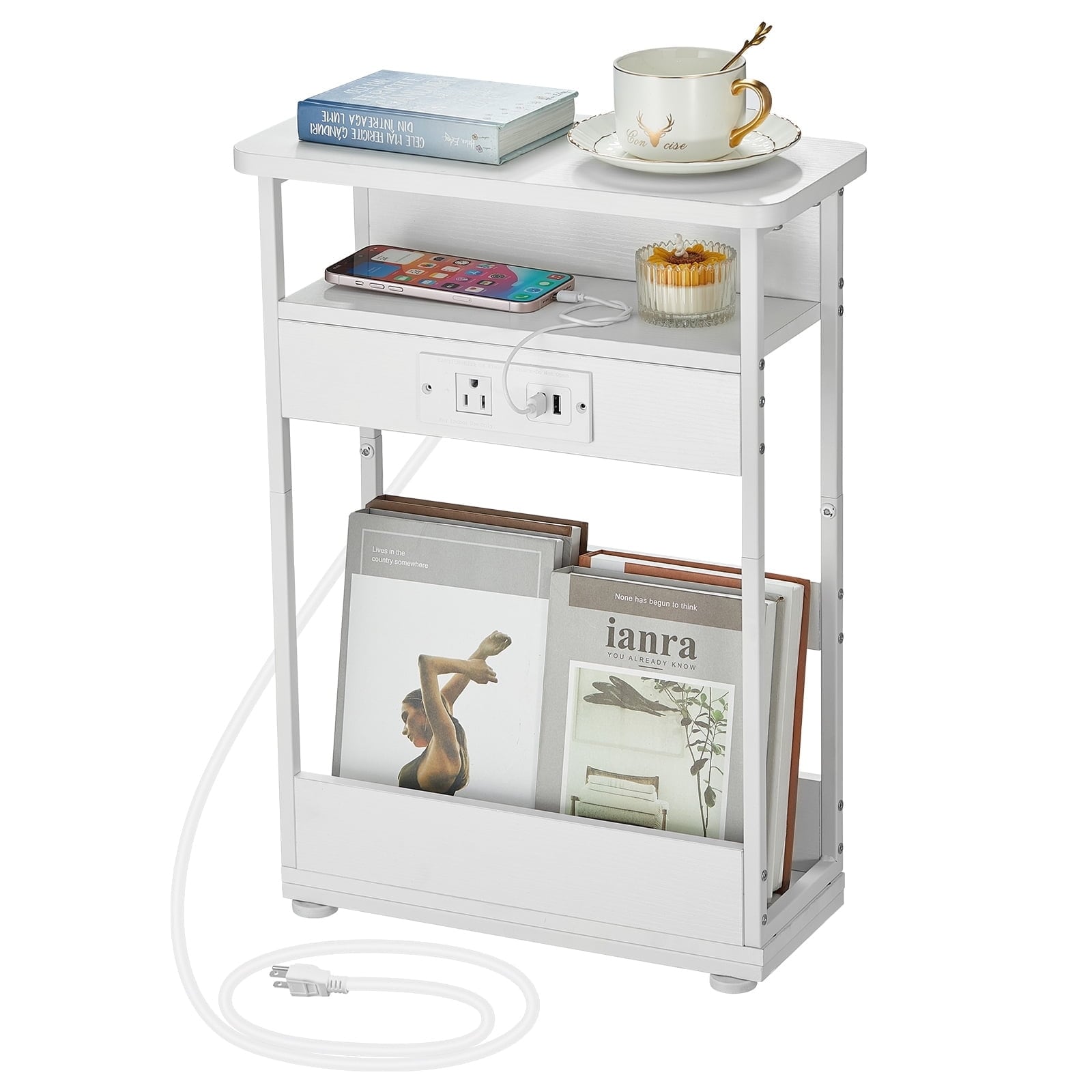 3-Tier Slim End Table with Charging Station, 15.75x7.1x21.6-inch Narrow Side Table with Storage Shelf for Small Spaces