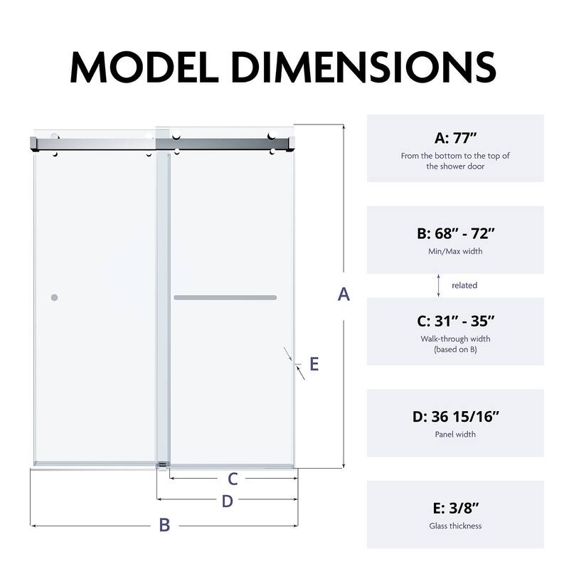 SP Series 68" - 72" W x 77" H Contemporary Frameless Double Sliding Shower Door with 3/8" Clear Tempered Glass