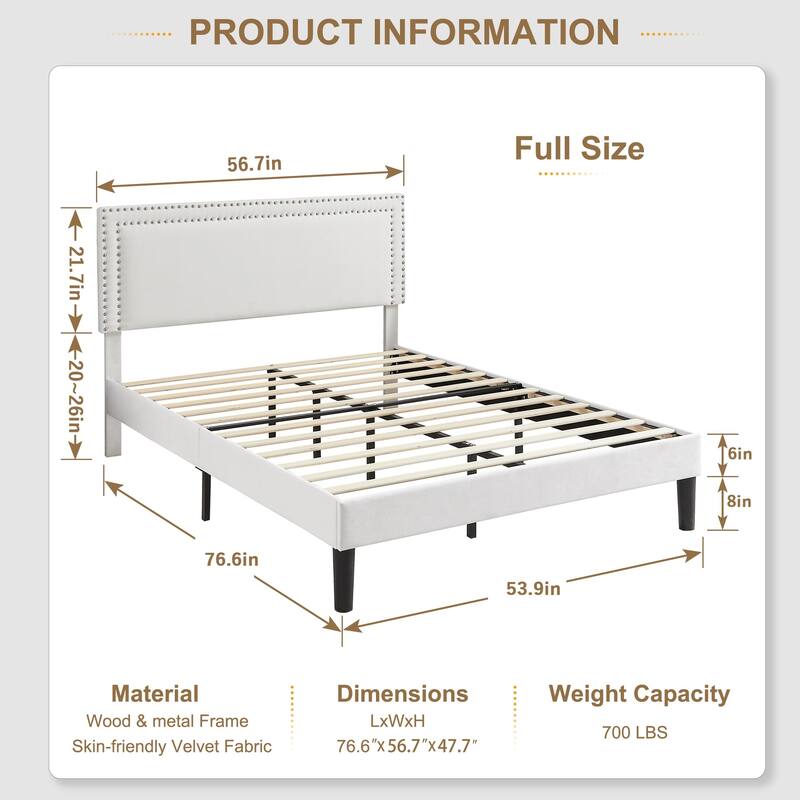 Upholstered Platform Bed Frame with Adjustable Headboard, Velvet Nailhead Trim, No Box Spring Needed