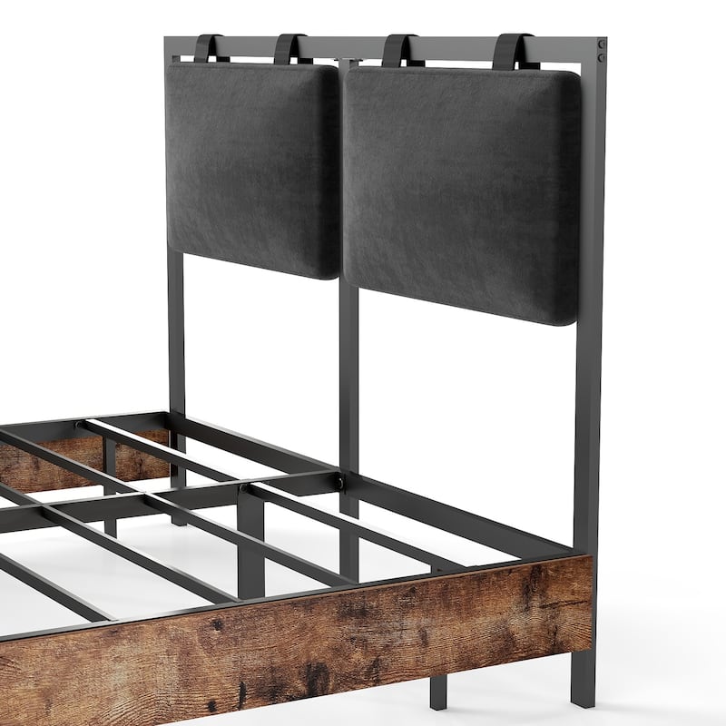 Floating Bed Frame with RGB LED Light Strip & Velvet Upholstered Hanging Headboard, Noise-Free Metal Slats Support, Black Brown