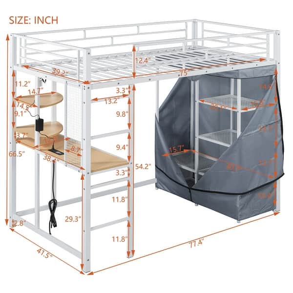 dimension image slide 1 of 4, Modern Loft Bed with Desk & Wardrobe, Metal Loft Bed Frame with Shelves, USB Power Outlet, LED Light, for Kids Teens Adults
