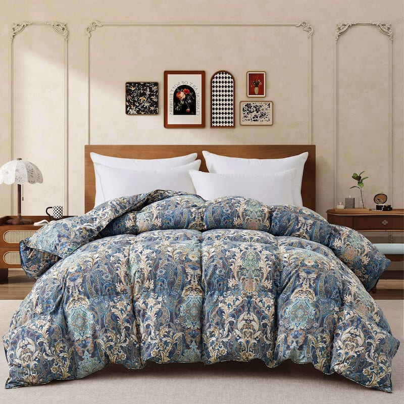Heavyweight Paisley Floral Printed White Goose Feather Comforter for Winter
