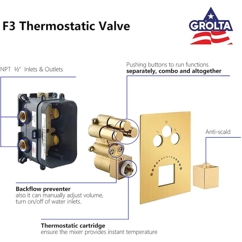 Dual Heads 12" Rainfall & High Pressure 6" Shower System w/ 3 Way Thermostatic Faucet - Brushed Gold - Brushed Gold