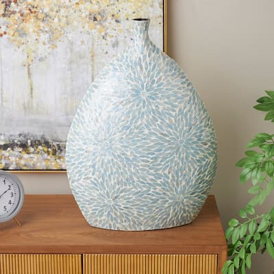 Light Blue Mother of Pearl Shell Handmade Large Mosaic Floral Decorative Vase with Cream Underlay