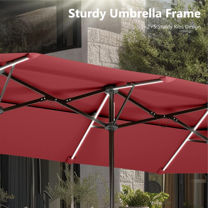 MAISON ARTS 13ft Double-Sided Outdoor Umbrella, 2-Tier Vented Market Umbrella with Colored Lights and Base
