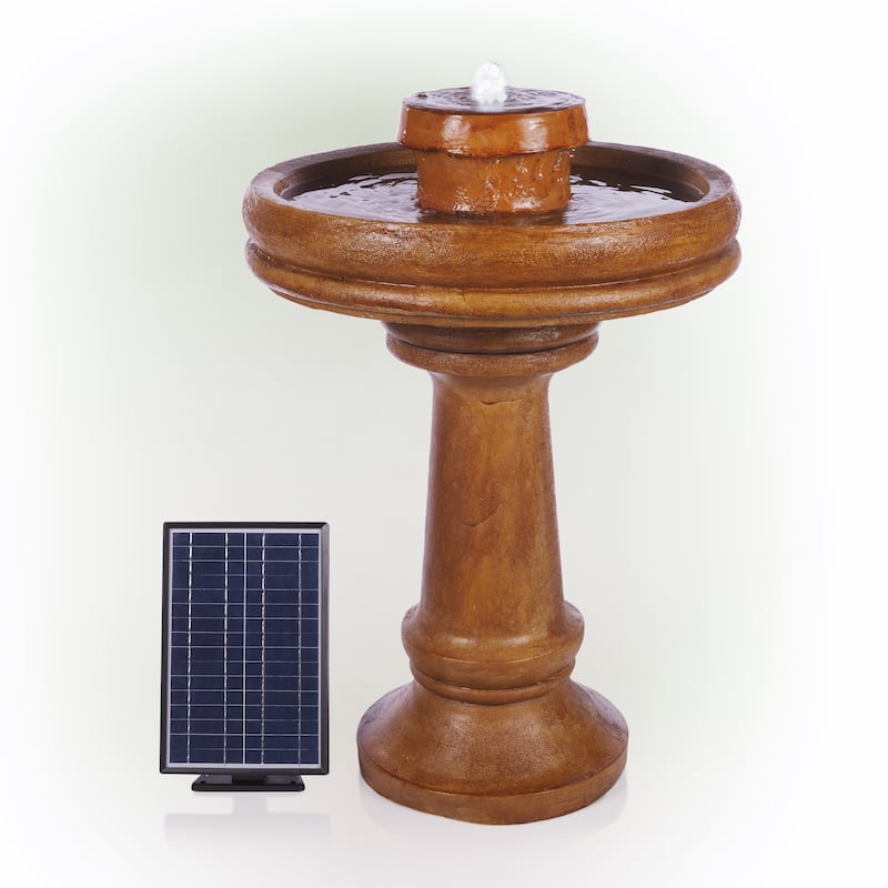 Alpine Corporation TZL202SLR 29" Brown Outdoor Solar Powered Pedestal Birdbath Fountain with LED Lights