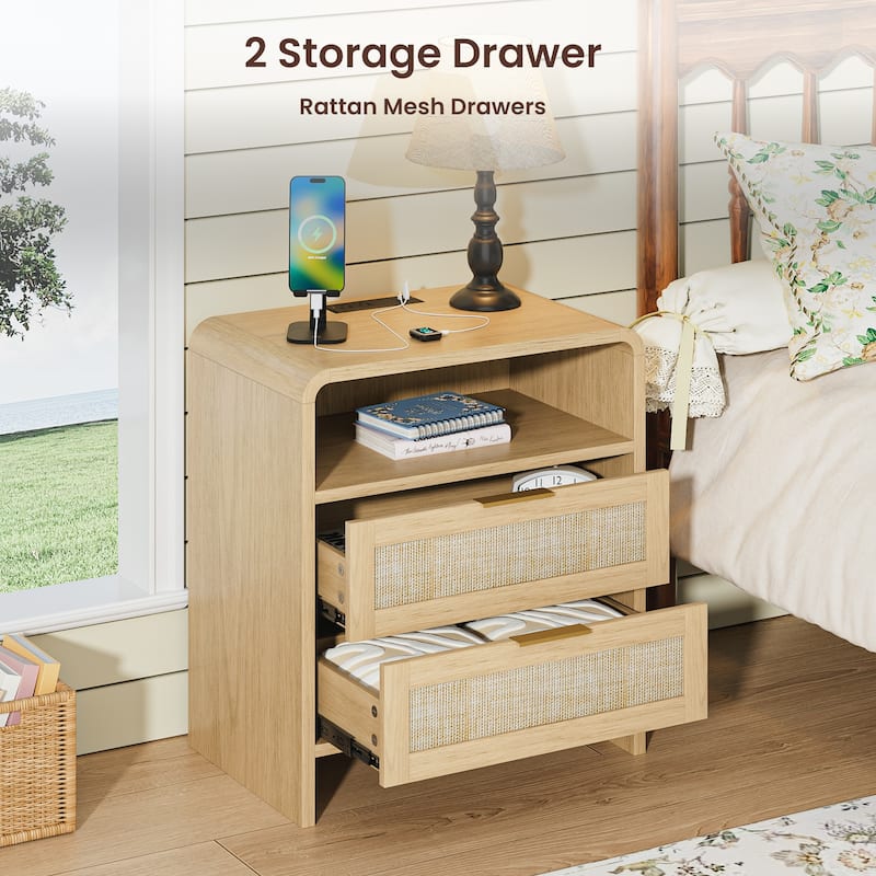 Rattan Nightstand with Charging Station Set of 2, 2 Drawers & Open Shelf, 22.8"Wide Curved Wooden Bedside Table