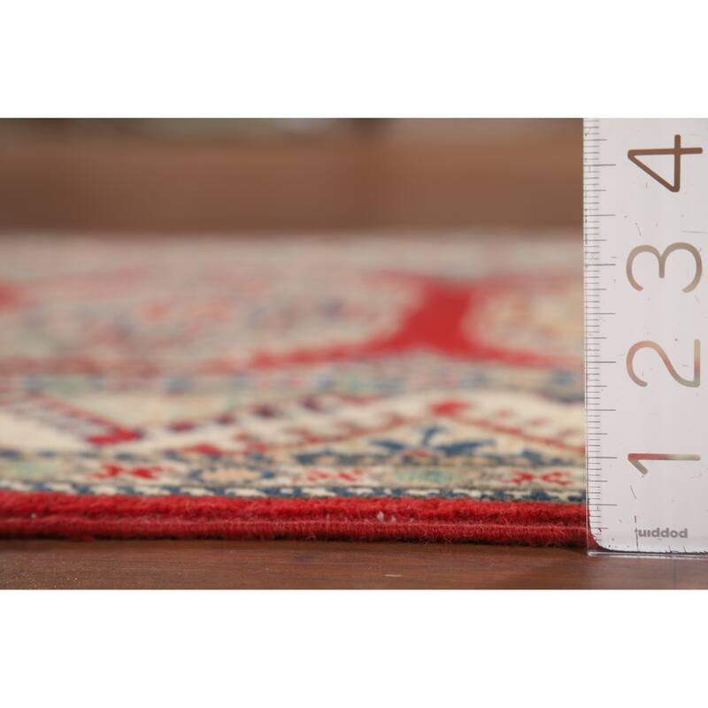 Red Geometric Kazak Oriental Runner Rug Hand-Knotted Foyer Wool Carpet - 2'9" x 10'9"