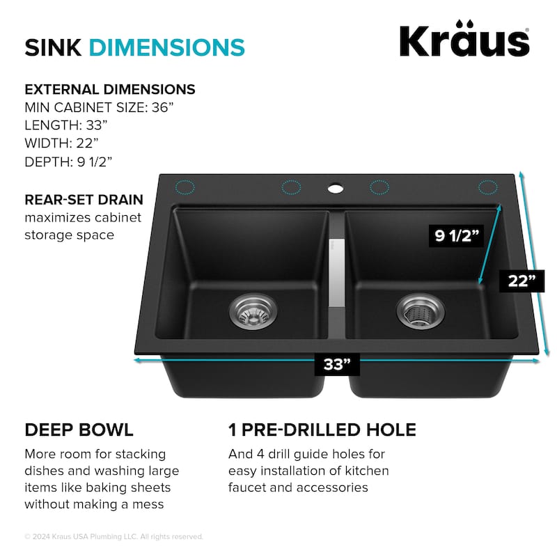 KRAUS Granite 33 inch 2-Bowl Undermount Drop-in Kitchen Sink