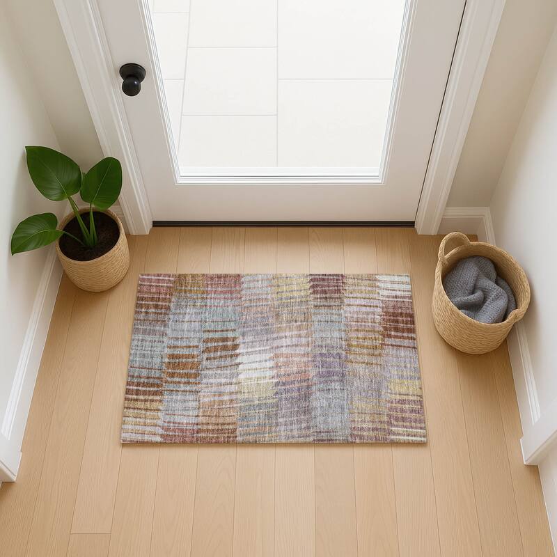 Machine Washable Indoor/ Outdoor Casual Stripe Chantille Rug
