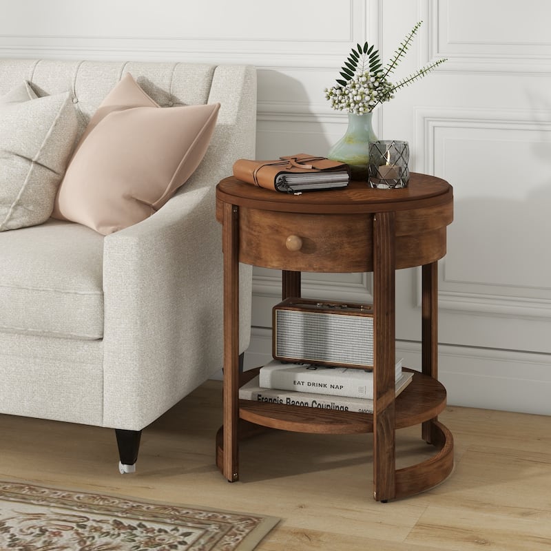 2-Tier Round Nightstand End Table with Drawer and Shelf - 19.5" x 19.5" x 24"