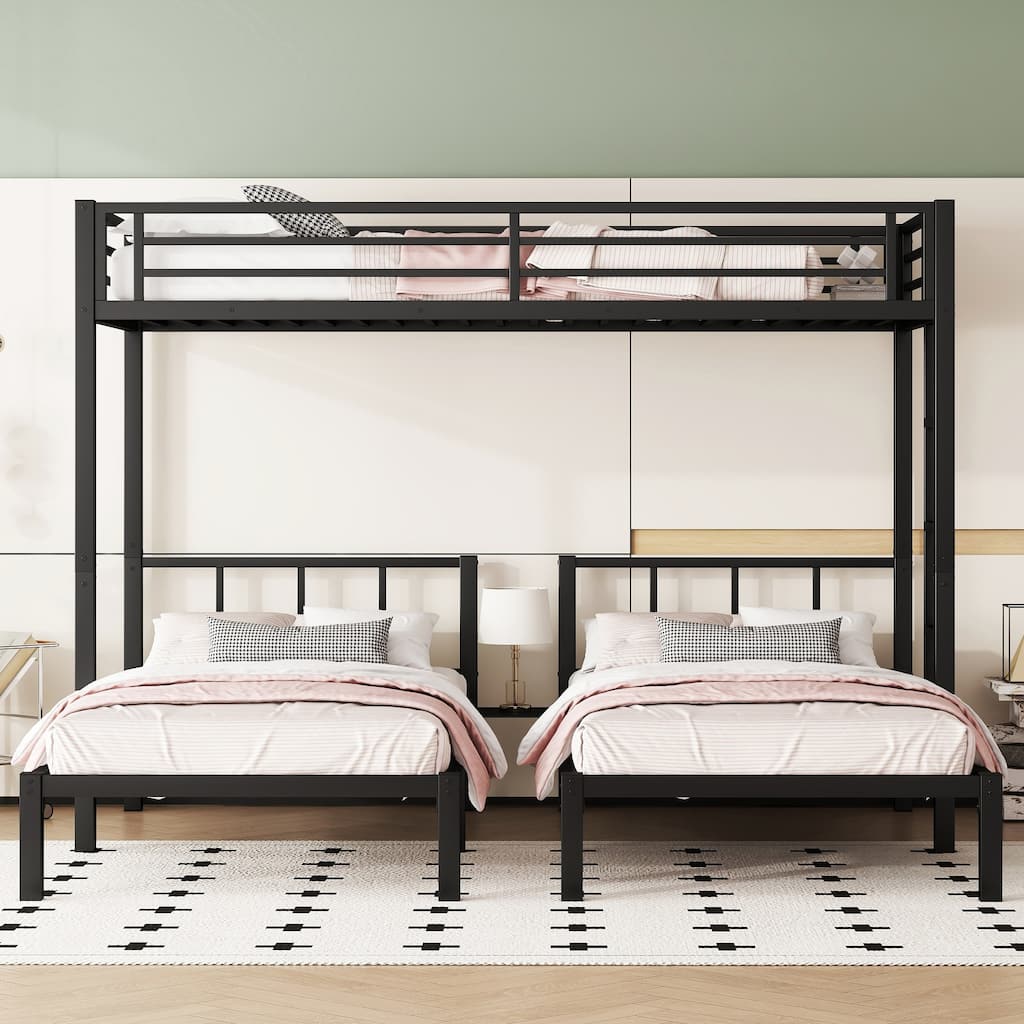 Detachable Triple Bunk Bed Frame Convertible 3 Twin Platform Beds with Storage Shelves, Headboard, Ladder and Safety Guardrails