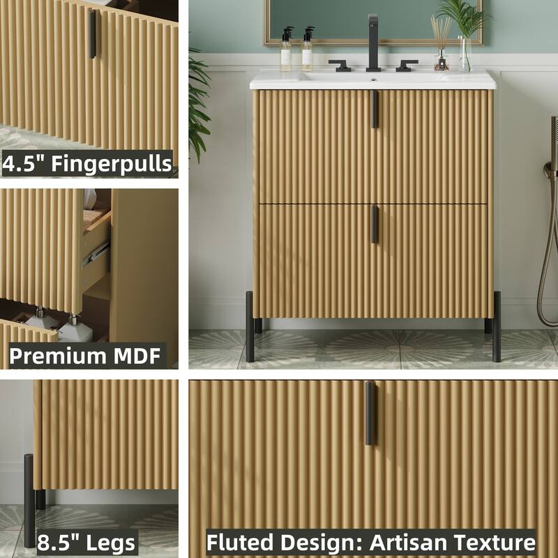 30" Bathroom Vanity with Ceramic Sink, Fluted Design, Full-Extension Drawers, Soft Close Drawer Slides