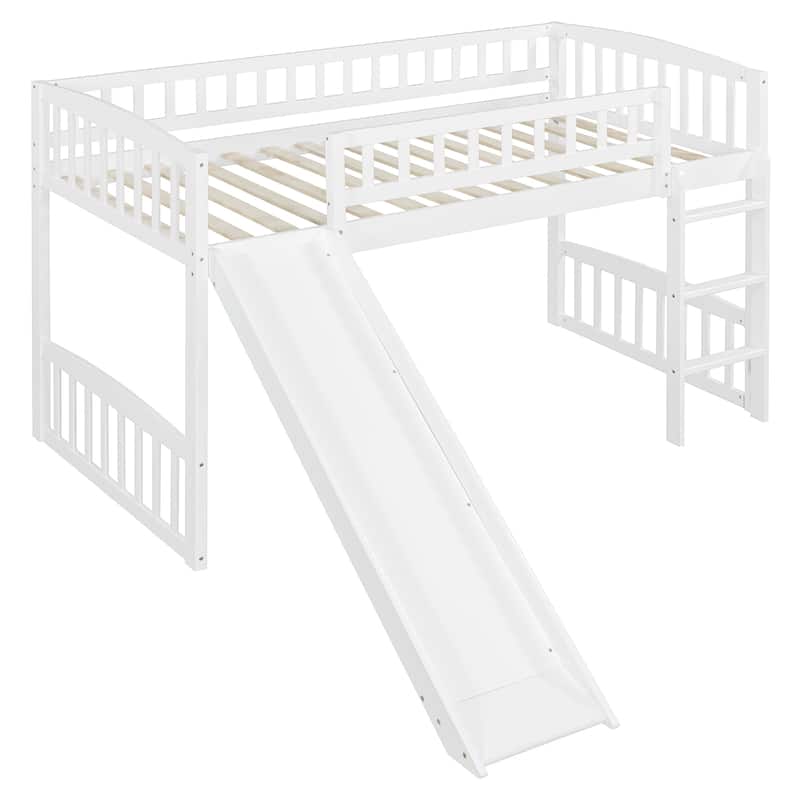 Twin Loft Bed with Slide and Reversible Ladder, Wooden Frame with Guardrails and Open Underbed Play Space