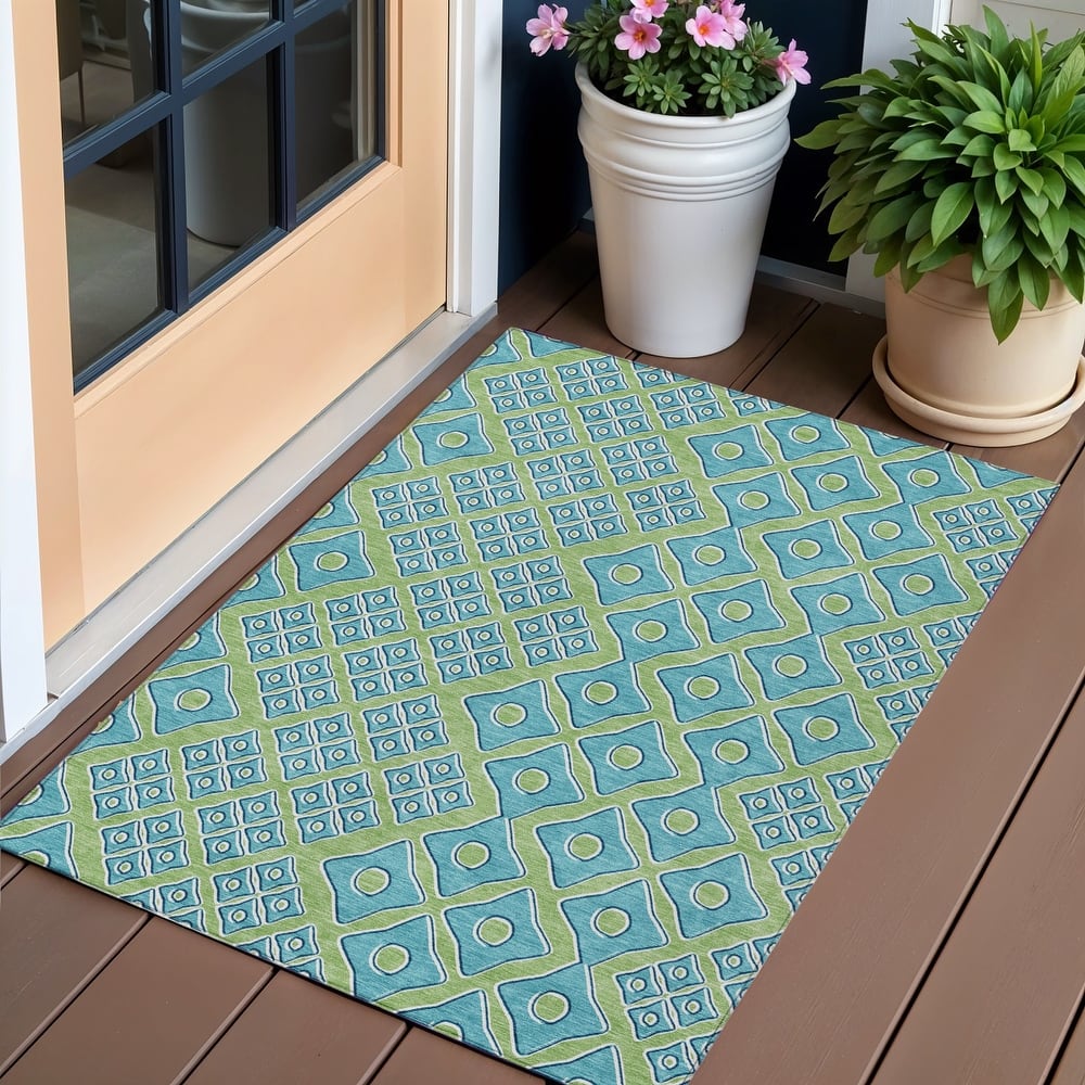 Artichoke Green And Aqua Geometric Washable Indoor Outdoor Area Rug - 3' x 5'