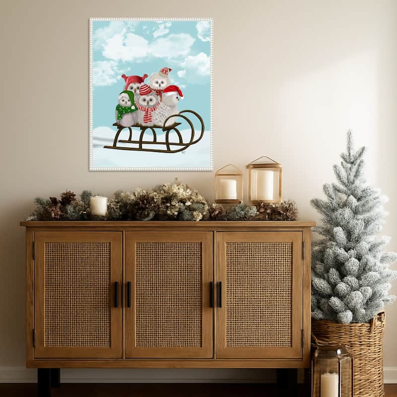 Christmas Christmas Owl Sled by Fab Funky (23 x 28 in.), Framed Canvas Wall Art Print - Sylvie Beaded White