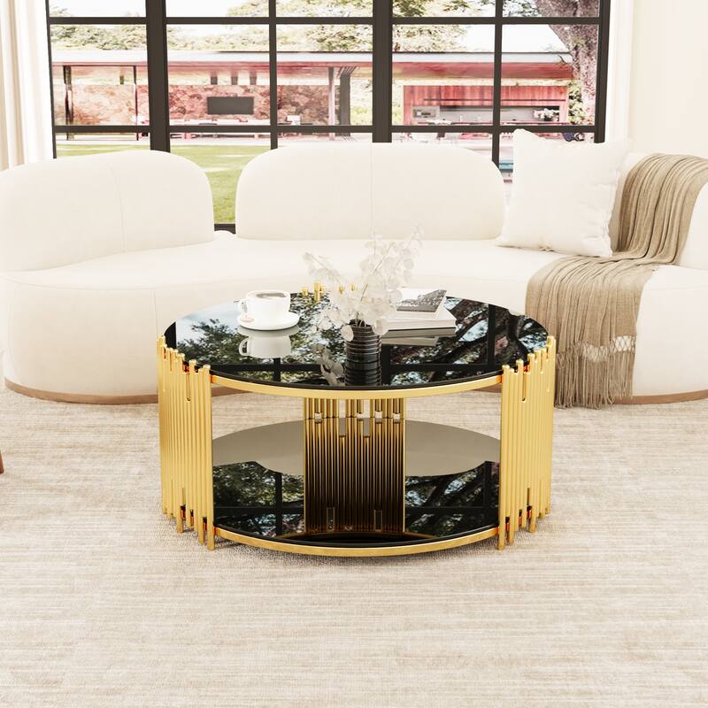 Modern Stainless Steel Coffee Table, Tempered Glass Top Cocktail Table, Round Accent Table Sofa Table for Living Room