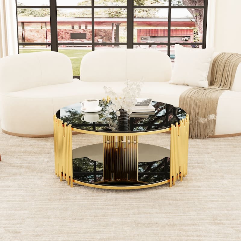 Modern Minimalist Circular Coffee Table Black Glass Top Golden Metal Frame Living Room Furniture - 36" x 17.1"