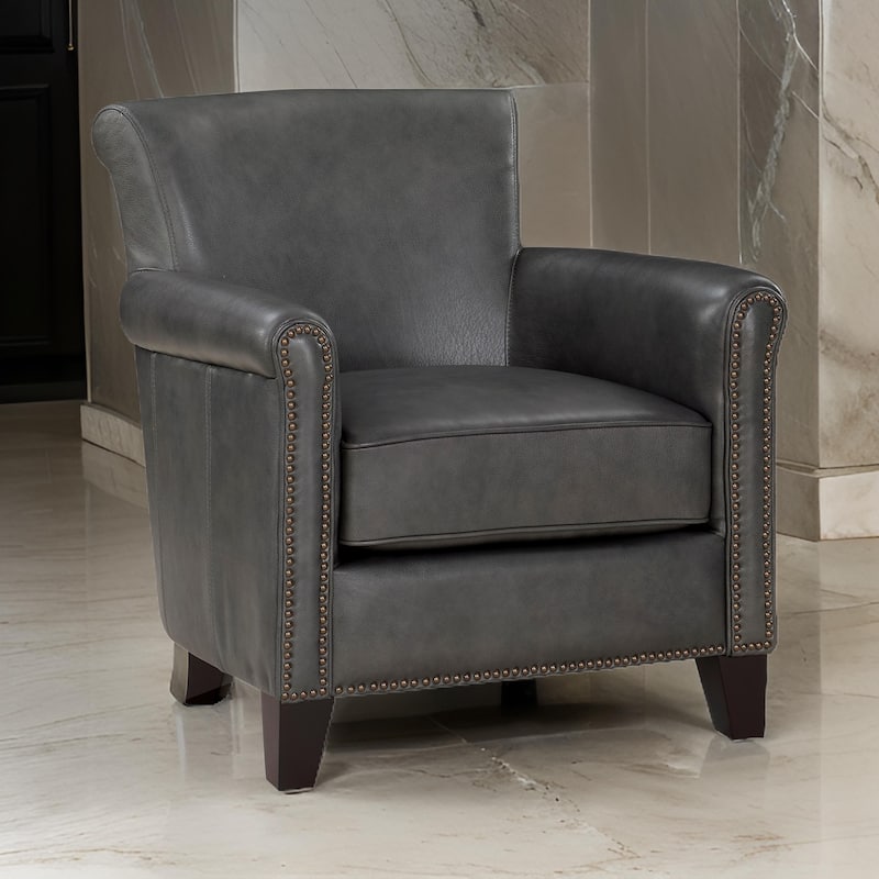 Tria 35 Inch Accent Chair, Gray Top Grain and Split Leather, Brown Wood